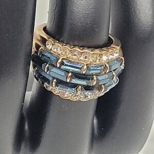 Statement Ring SZ‎ 6 Gold Blue Clear Austrian Crystal Rows Cocktail Jewelry